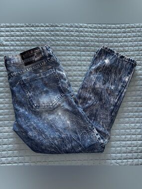 True Rock Empire Moto Biker Jeans Acid Wash Straight Leg Zippers Ribbed Size 36